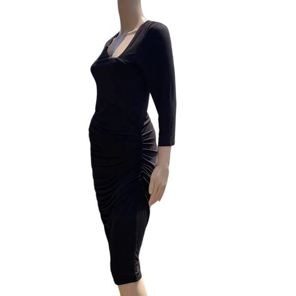 NWT Catherine Malandrino Black Bodycon Dress Long Sleeves Ruched Stretch Large - Picture 2 of 12